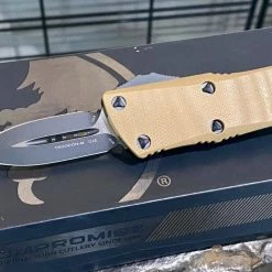 All Knife Brands Microtech 238-1GTTAS Troodon Mini 1.99" D/E SS Tan G10 OTF Auto Knife